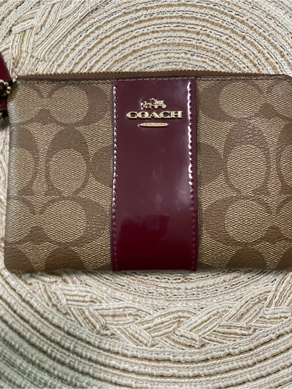 Coach Canvas Wristlet with Burgundy Patent Stripe